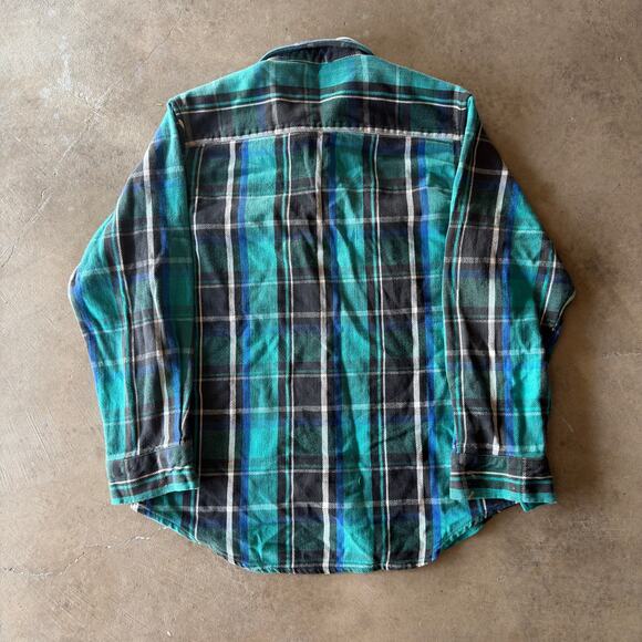 VTG 80S GREAT NORTHWEST PLAID FLANNEL SHIRT FALL GREEN MENS MEDIUM HOLE IN ARM - Picture 2 of 5